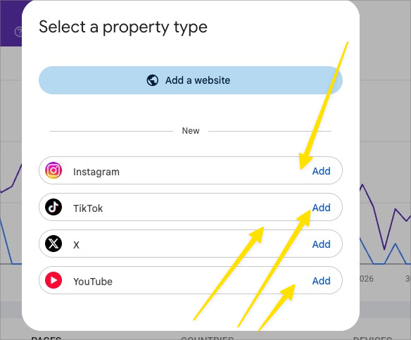 Google Search Console Add Property option for adding a new website or platform property